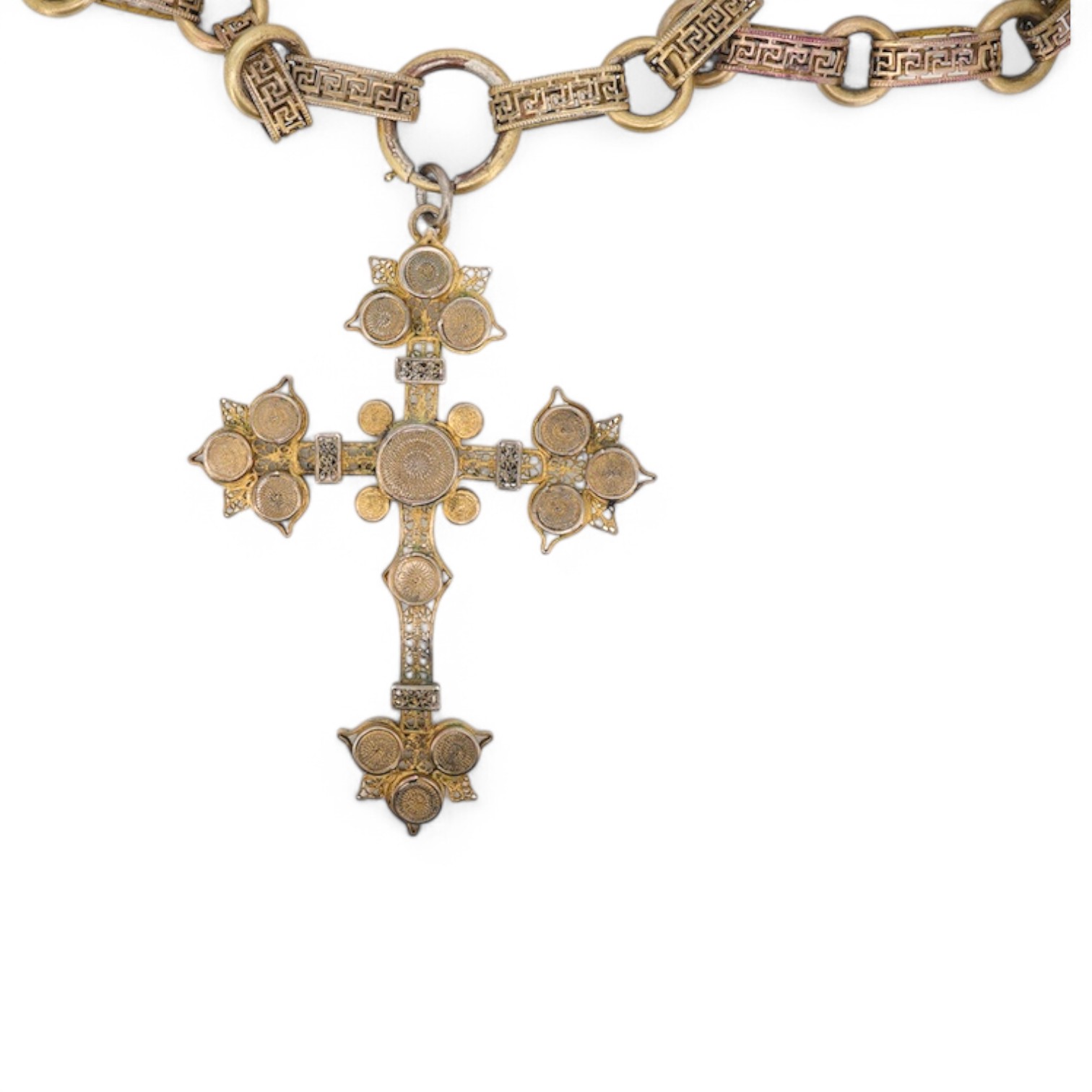 A filigree cross pendant on chain, necklace length 44cm, pendant length 8cm, Condition: good, some discoloration to metal